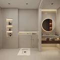 Modern Bathroom Interior Design With Wall-Mounted Toilet Vanity Sink LED Lit Mirror And Shower Area