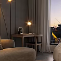 Modern Home Theater Room Interior With Gray Sofa Projector Floor Lamp And Round Coffee Table