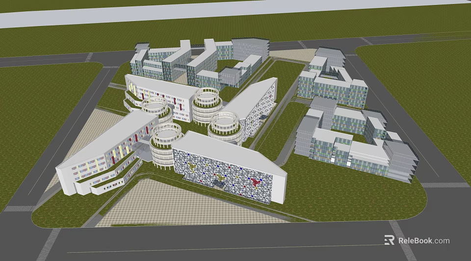 Modern Office Building Complex With Circular Structures Glass Facades And Green Areas 3d model