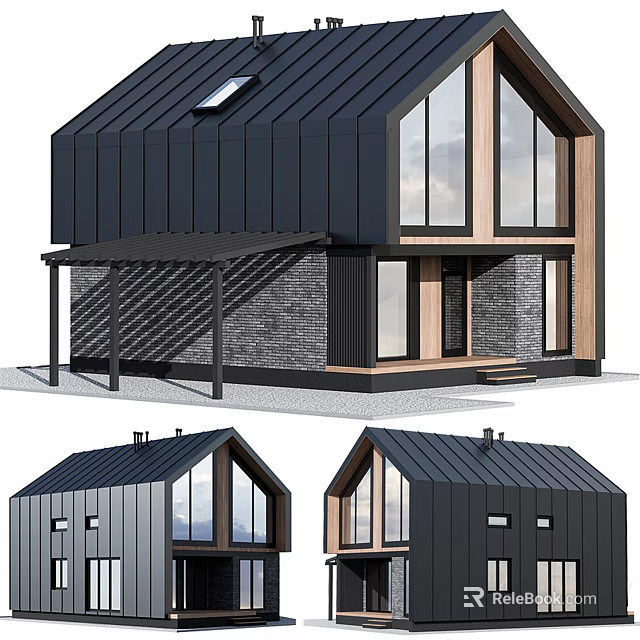 Modern Single Family House With Black Metal Roof Large Windows Wooden Elements And Stone Wall 3d model 