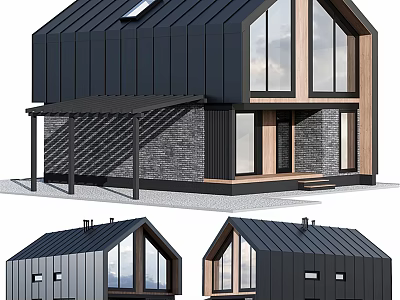 Modern Single Family House With Black Metal Roof Large Windows Wooden Elements And Stone Wall 3d model