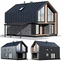 Modern Single Family House With Black Metal Roof Large Windows Wooden Elements And Stone Wall