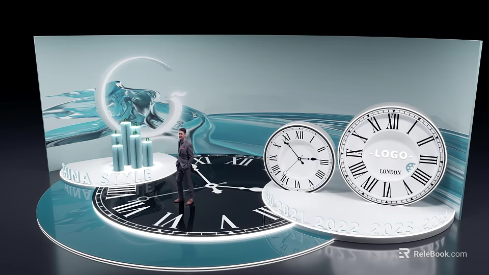 Check in System With Man On Clock Years 2021 2022 2023 China Style Data Columns 3d model 