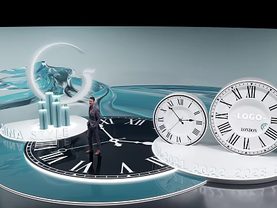 Check in System With Man On Clock Years 2021 2022 2023 China Style Data Columns 3d model