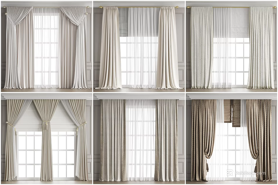 Elegant Different Style Fabric Curtains In Neutral Tones For Window Interior Decoration 3d model 