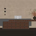 Modern Reception Desk Interior With Wooden Drawer Cabinet Pendant Lights And Vase With Plant