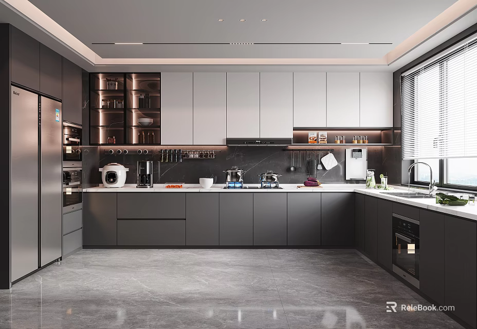 Modern Kitchen Interior Design With Gray Cabinets Stainless Steel Appliances And Window Blinds 3d model 