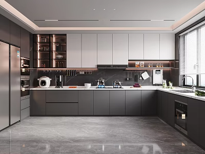 Modern Kitchen Interior Design With Gray Cabinets Stainless Steel Appliances And Window Blinds 3d model