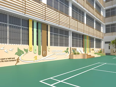Vibrant Central Kindergarten Outdoor Space With Green Ground Badminton Court Colorful Pillars And Plants 3d model