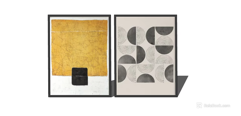 Modern Abstract Framed Wall Art With Yellow Black And Geometric Patterns 3d model