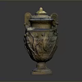 Carved Sculpture Vase With Winged Decorations Golden Lid And Relief Figures