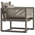 Weathered Solid Wood Woven Armchair With Soft Fabric Cushions For Cozy Living Room Use