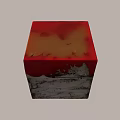 Garden Ornament Cube Shape With Red Top Gray Base And Textured Surface On White Pedestal