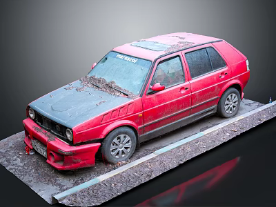 Red Old Vintage Hatchback Car Covered in Mud With Damaged Front Bumper 3d model