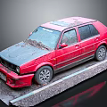 Red Old Vintage Hatchback Car Covered in Mud With Damaged Front Bumper 3d model