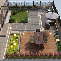 Rooftop Garden Landscape Featuring Lush Lawn Stone Pathway Wooden Deck Dining Set And Decorative Lighting