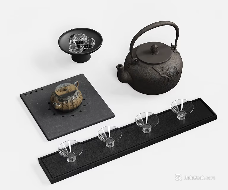 Elegant Tea Set With Cast Iron Teapot Small Teapot Transparent Teacups And Black Trays 3d model 