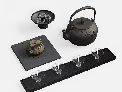 Elegant Tea Set With Cast Iron Teapot Small Teapot Transparent Teacups And Black Trays 3d model