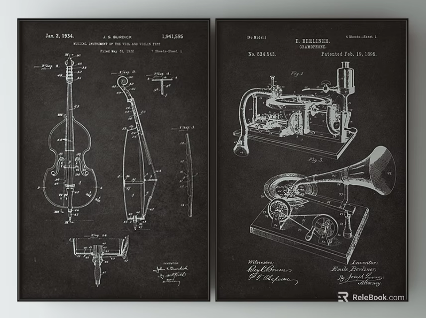 Detailed Vintage Patent Drawings Wall Art of Violin and Phonograph 3d model 