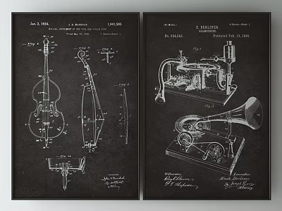 Detailed Vintage Patent Drawings Wall Art of Violin and Phonograph 3d model