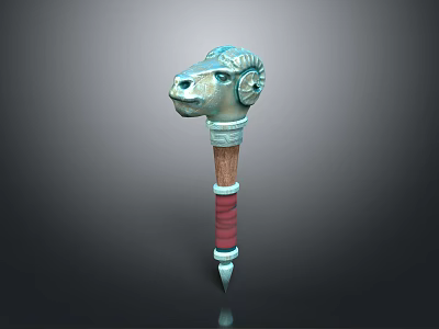 Decorative Fantasy Weapon With Ram Head Design And Wooden Handle Red Straps 3d model