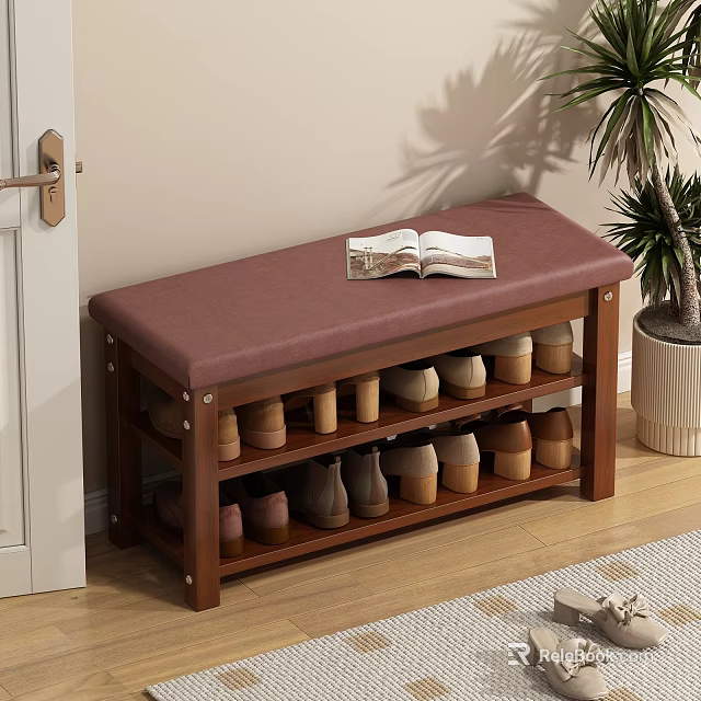Entryway Wooden Shoe Bench With Padded Seat And Storage Shelves For Shoes 3d model 