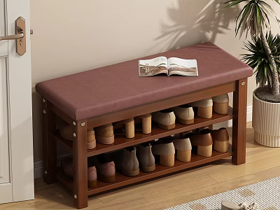 Entryway Wooden Shoe Bench With Padded Seat And Storage Shelves For Shoes 3d model