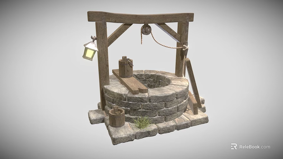 Cartoon Scene of Ancient Well With Wooden Frame Stone Structure Lantern and Bucket 3d model 