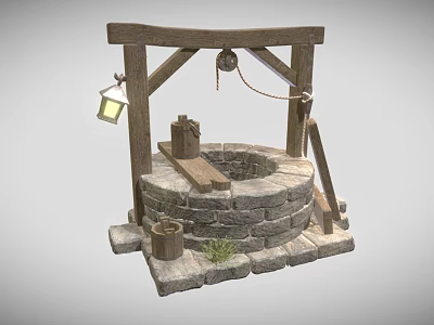 Cartoon Scene of Ancient Well With Wooden Frame Stone Structure Lantern and Bucket 3d model