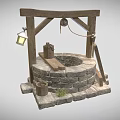 Cartoon Scene of Ancient Well With Wooden Frame Stone Structure Lantern and Bucket