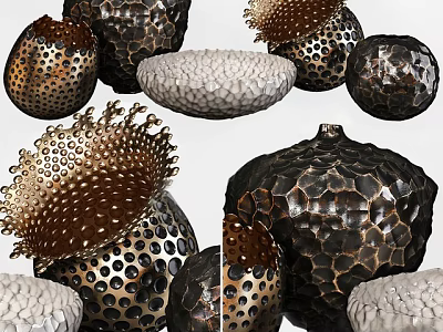 Decorative Ornament Set With Perforated Textured Spherical And Acorn Shaped Pieces For Home Decor 3d model