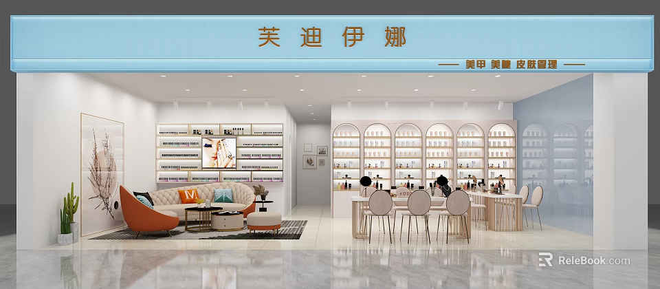 Elegant Beauty Salon Interior With Display Shelves Sofa Tables And Chairs 3d model 