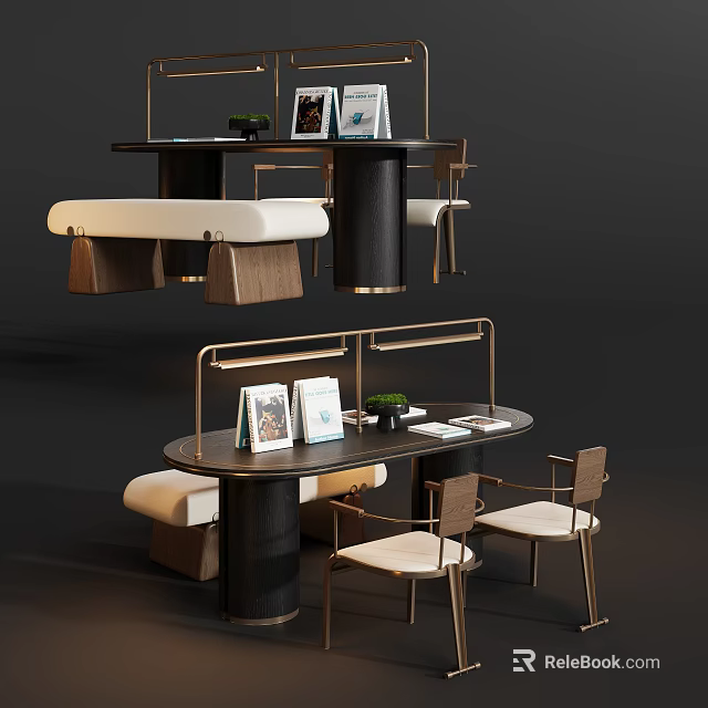 Modern Elegant Table Chair Set With Metal Frame Wooden Top Table Lamp And Upholstered Seats 3d model 