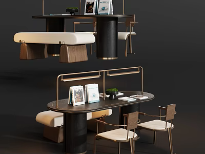 Modern Elegant Table Chair Set With Metal Frame Wooden Top Table Lamp And Upholstered Seats 3d model