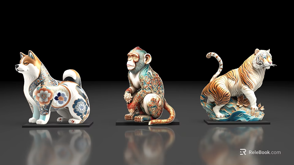 Colorful Ceramic Lion Monkey Tiger Statues With Intricate Decorative Patterns 3d model