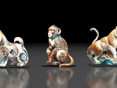 Colorful Ceramic Lion Monkey Tiger Statues With Intricate Decorative Patterns 3d model