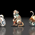 Colorful Ceramic Lion Monkey Tiger Statues With Intricate Decorative Patterns 3d model