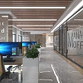 Modern Public Office Space With Wooden Ceiling Computers Green Plants And Glass Partitions 3d model