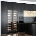 Modern Kitchen Interior With Dark Cabinets Glass Door Wine Storage Island And Stone Countertop