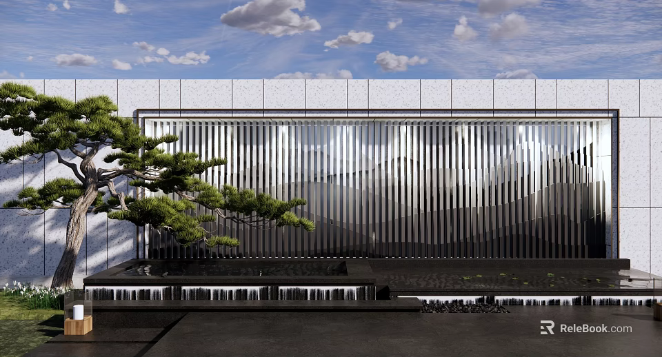 Modern Metallic Feature Wall With Vertical Stripes Green Pine And Water Feature Under Blue Sky 3d model 