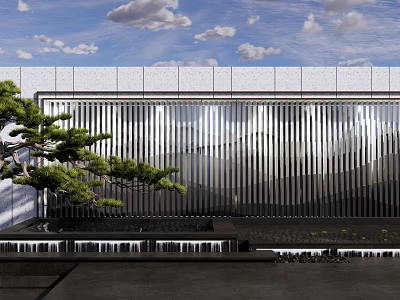 Modern Metallic Feature Wall With Vertical Stripes Green Pine And Water Feature Under Blue Sky 3d model