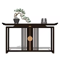 Chinese Style Console Table With Pine Bonsai Decorative Figurines And Circular Motif