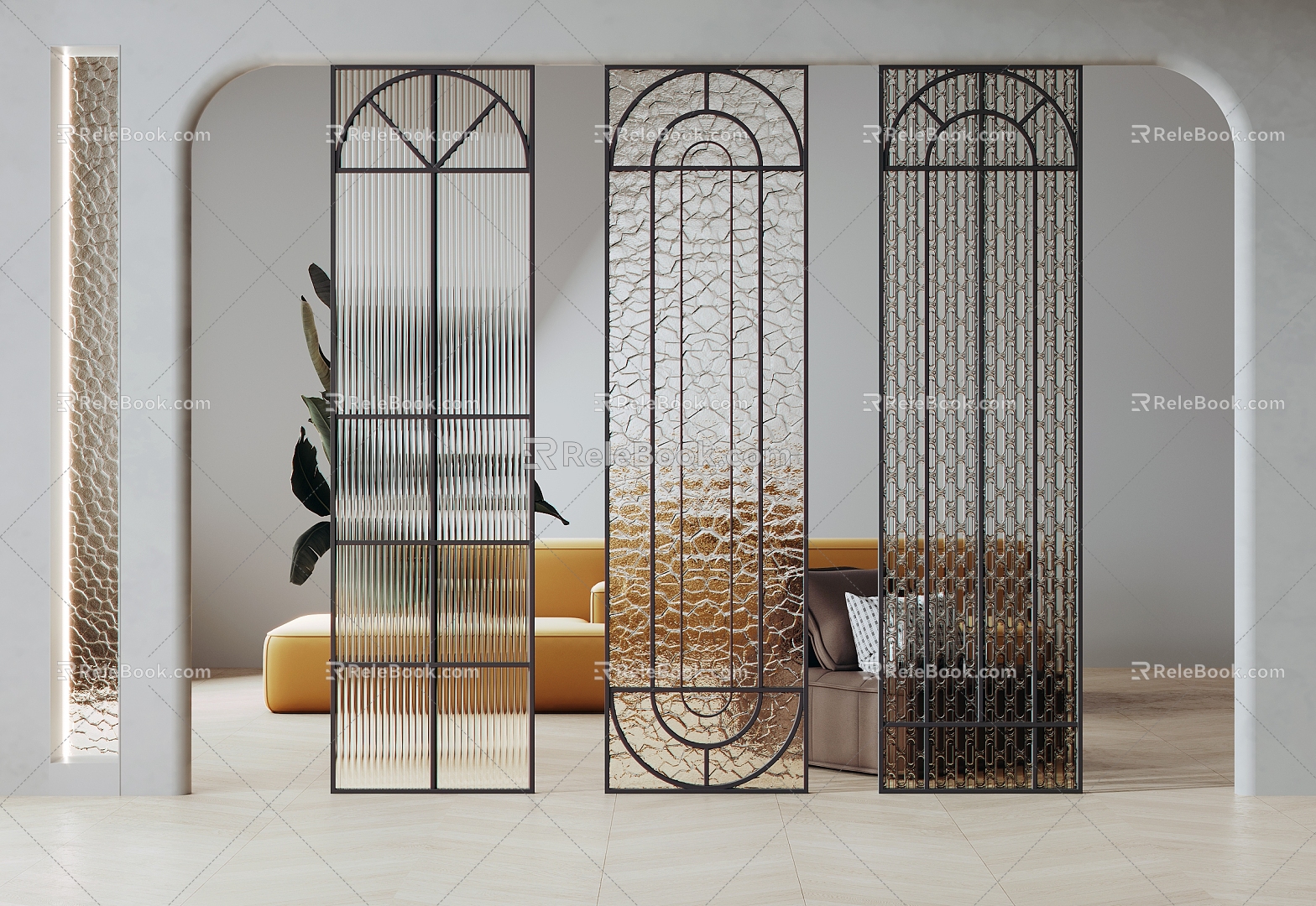 French Cream Style Very Narrow Glass Partition Metal Frame Screen Changhong Glass Carved Art Glass Frosted Glass Office Partition Living Room 3d model