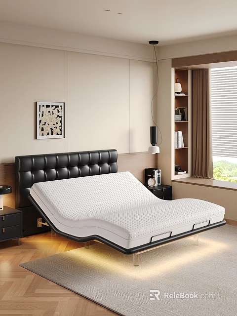 Electric Adjustable Double Bed With Tufted Black Leather Headboard For Modern Cozy Home Bedroom 3d model 