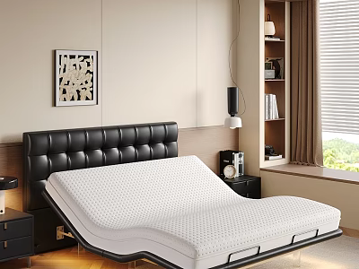 Electric Adjustable Double Bed With Tufted Black Leather Headboard For Modern Cozy Home Bedroom 3d model