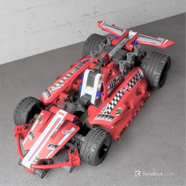 Red Toy Race Car With Large Tires Number 102 Black White Stripes Building Block Design 3d model 