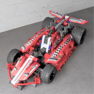 Red Toy Race Car With Large Tires Number 102 Black White Stripes Building Block Design 3d model