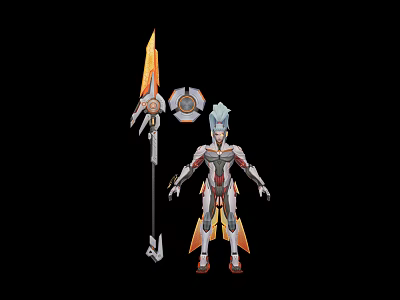 Armored Female Warrior With Flaming Spear And Mechanical Creature Companion 3d model