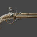 Vintage Flintlock Pistol with Engraved Ornate Design and Gold Silver Metal Antique Weapon