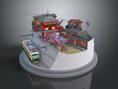 Cartoon Scene of Traditional Buildings with Cherry Blossom Tree Tram and Railway Track on Round Platform 3d model